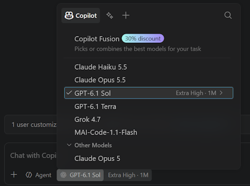 Screenshot that shows the model picker in the Chat view.