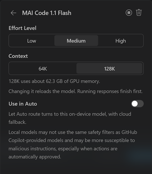 Screenshot showing the details page of an installed on-device model with Effort Level, Context, and Use in Auto options.