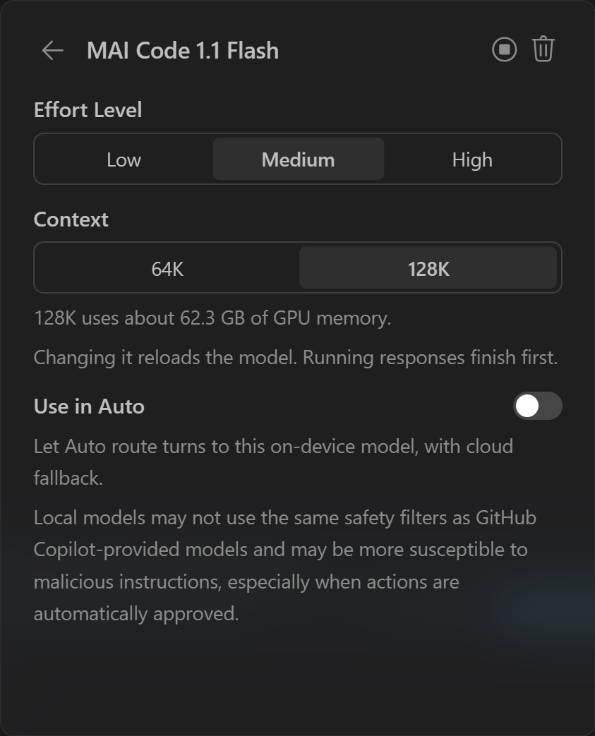 Screenshot showing the details page of an installed on-device model with Effort Level, Context, and Use in Auto options.