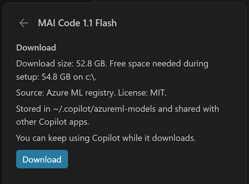 Screenshot showing the details page for MAI Code 1.1 Flash with the download size, source, license, and a Download button.