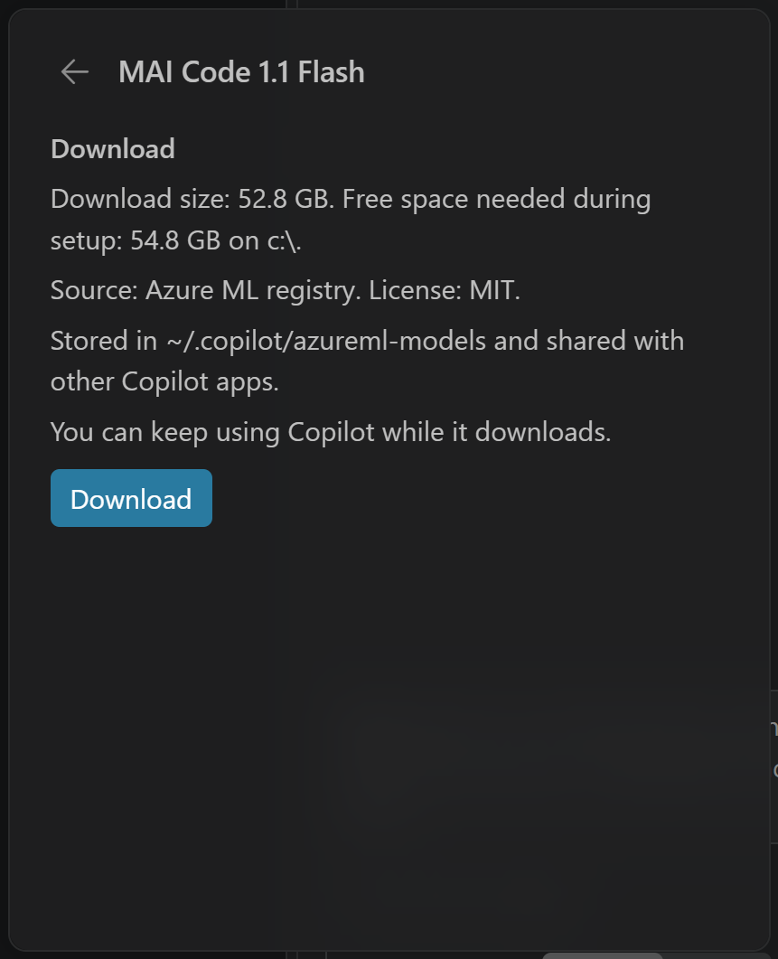 Screenshot showing the details page for MAI Code 1.1 Flash with the download size, source, license, and a Download button.