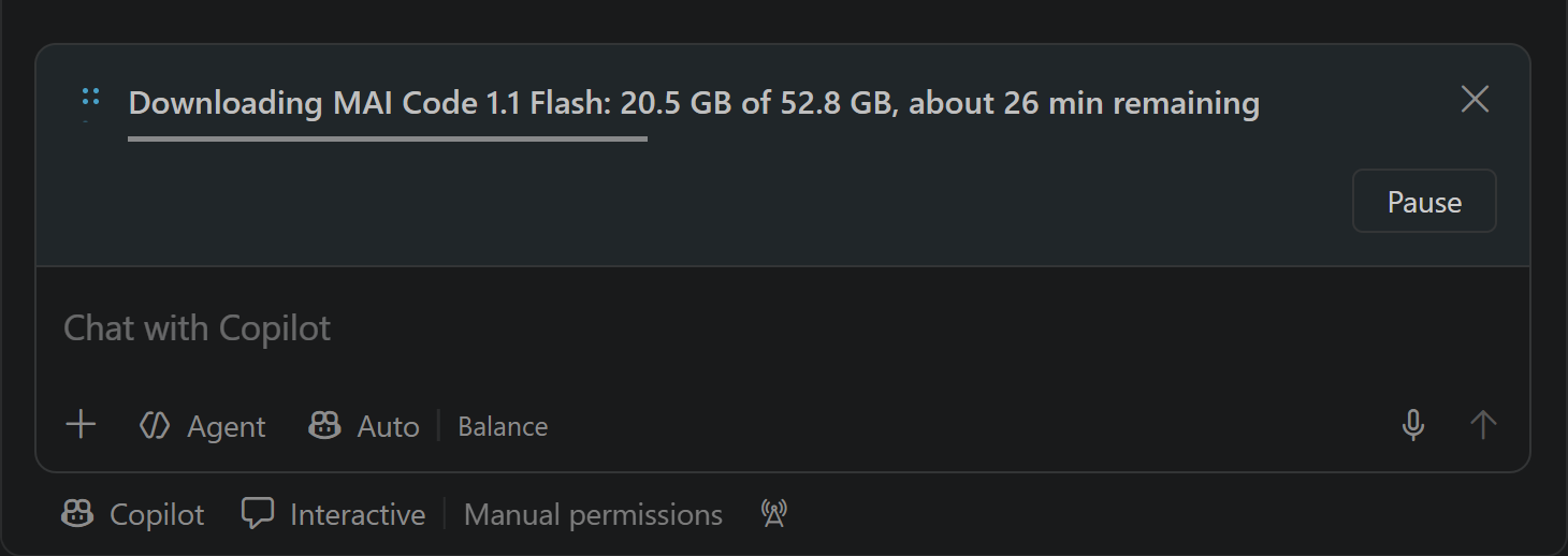 Screenshot showing a download progress notice for MAI Code 1.1 Flash above the chat input with a Pause button.