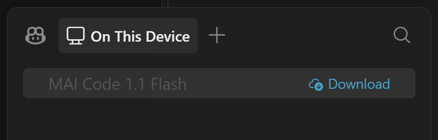 Screenshot showing the On This Device tab in the model picker with MAI Code 1.1 Flash and a Download action.