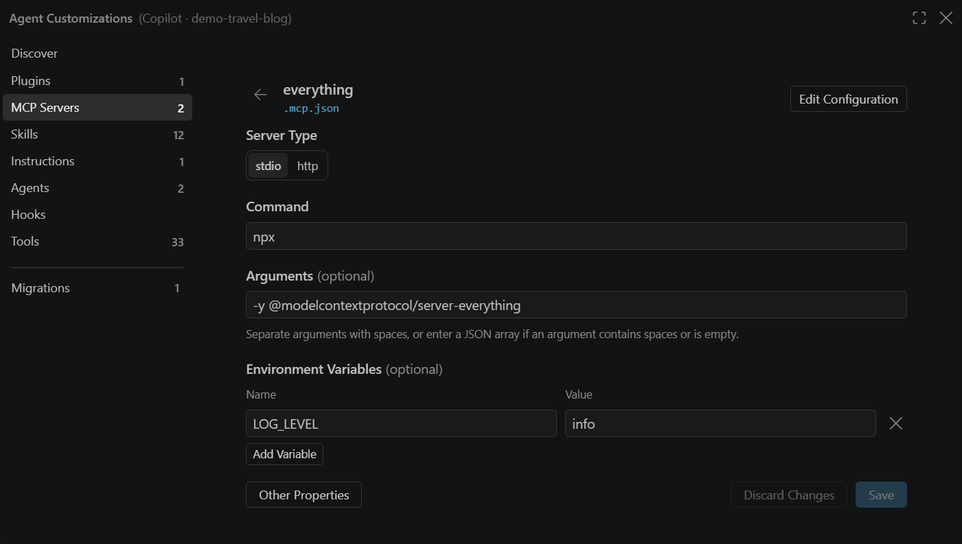 Screenshot showing the MCP server configuration form for a workspace-root .mcp.json server.
