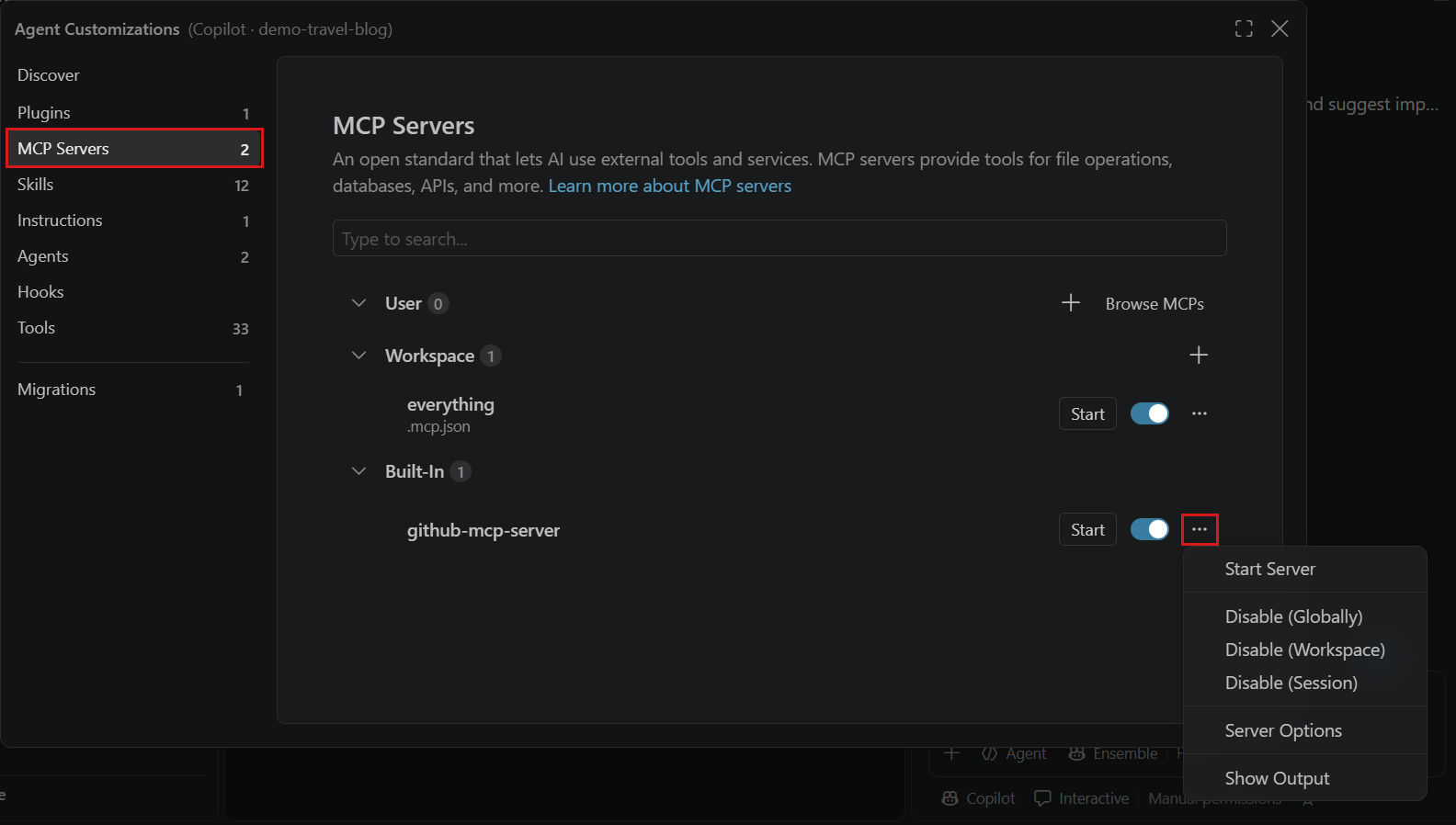 Screenshot showing the MCP Servers section in the Agent Customizations editor, with a server's enabled-state toggle and open actions menu.