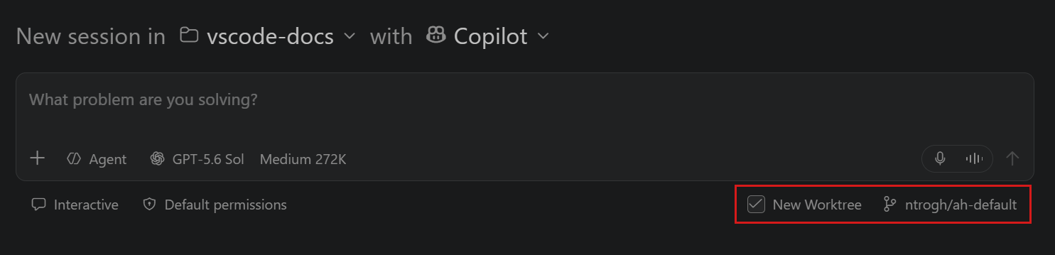 Screenshot of the New Worktree checkbox and base branch control in the Agents window.