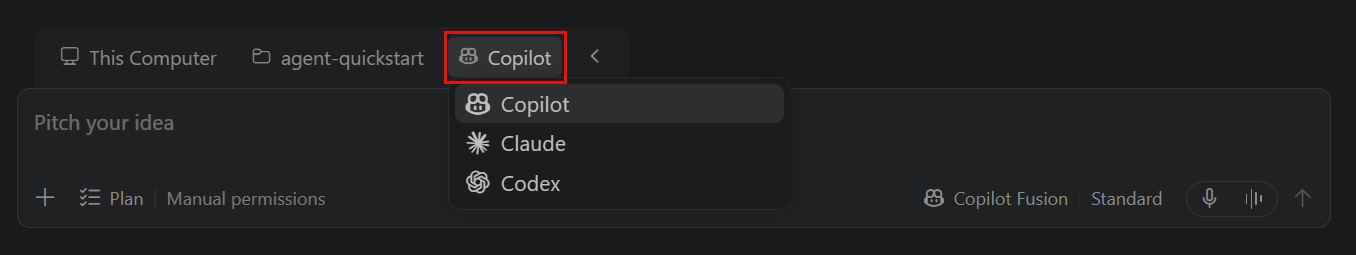Screenshot showing the Session Target UI control in the Agents window.