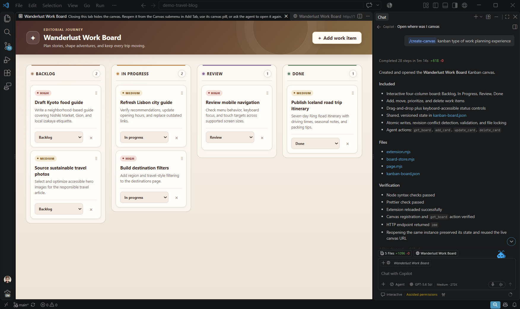 Screenshot of a kanban canvas showing tasks and columns in the editor.
