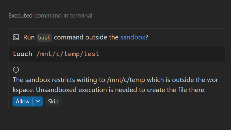 Screenshot showing a prompt to run a command outside the agent sandbox.
