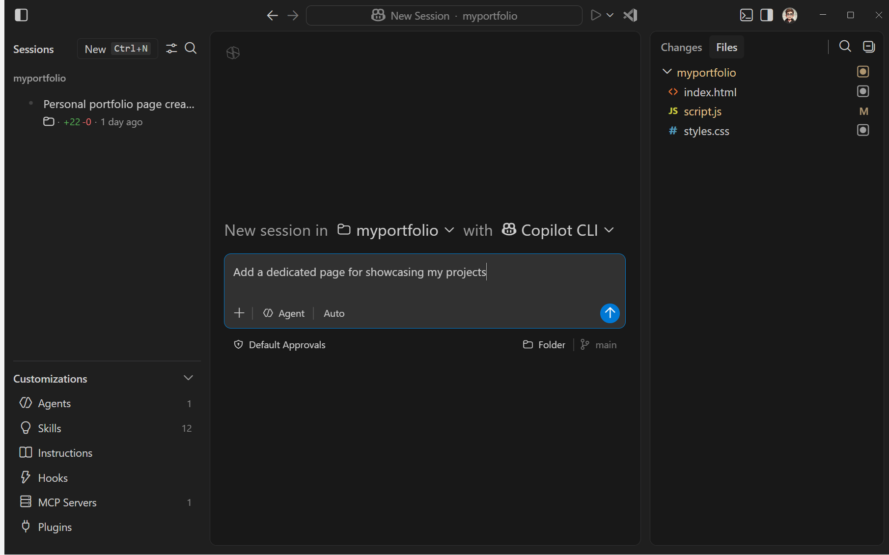 Screenshot showing how to start a new agent session by selecting New at the top of the sidebar in the Agents window.
