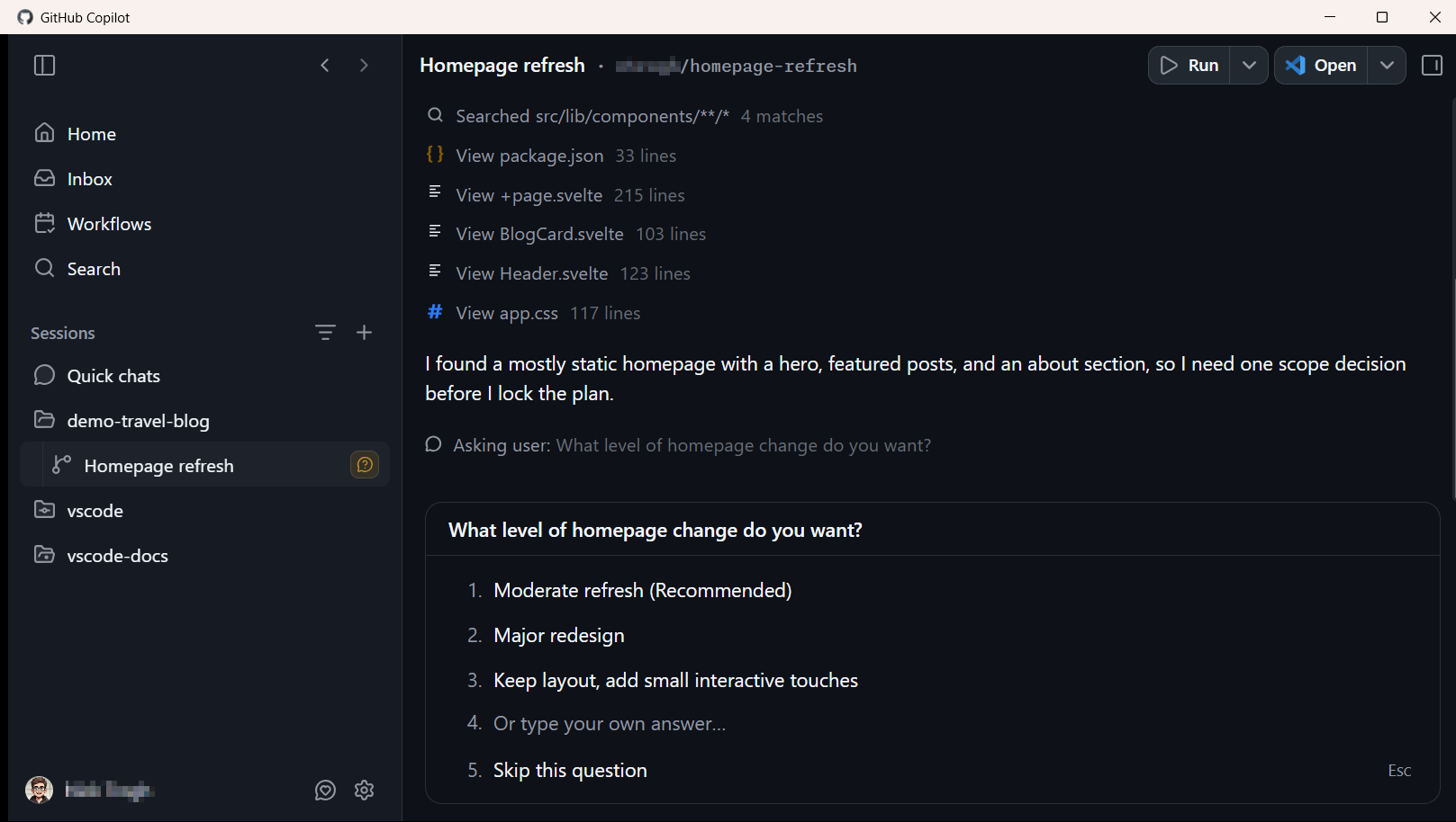 Screenshot showing the GitHub Copilot app with the sessions list, conversation, and chat input.