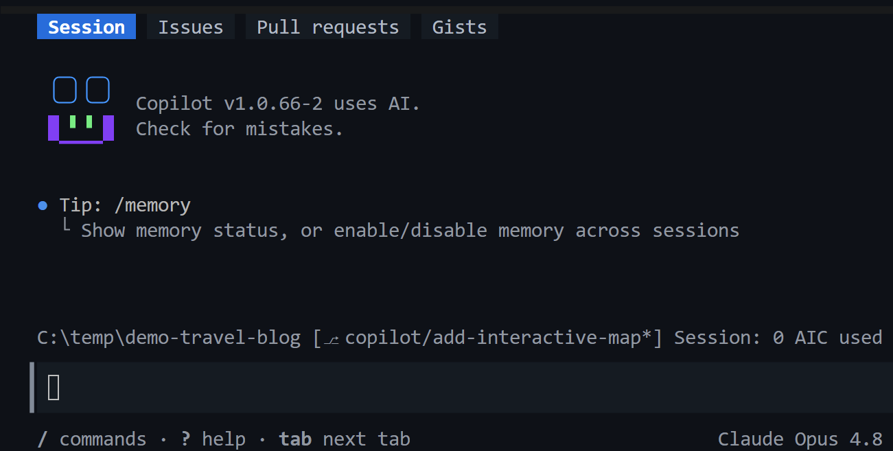 Screenshot showing the Copilot CLI running in the VS Code integrated terminal.