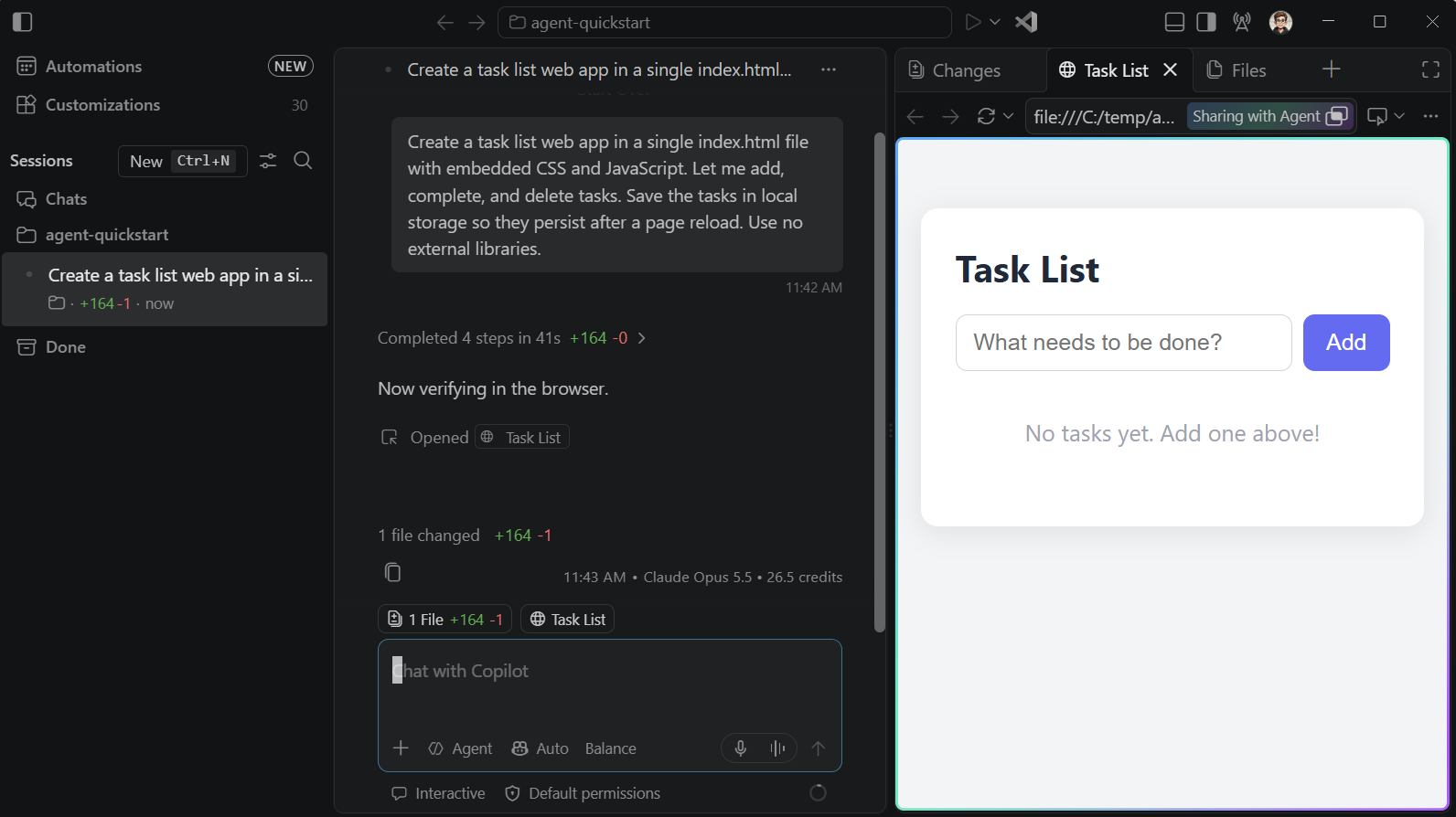 Screenshot of interacting with the app in the integrated browser.
