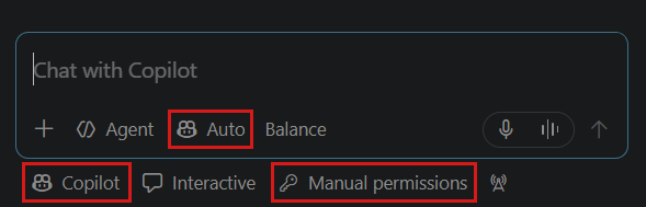 Screenshot of selecting the Copilot agent harness and the Agent role with Manual permissions.