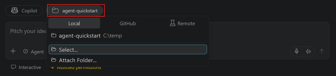 Screenshot of selecting the agent-quickstart folder as the primary workspace in the redesigned new-session input.
