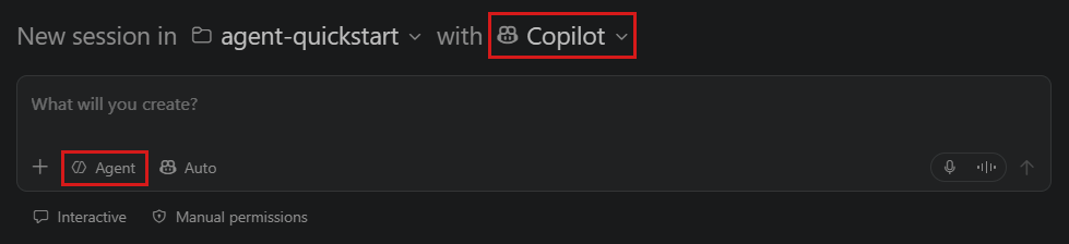 Screenshot of selecting the Copilot agent harness and the Agent role.