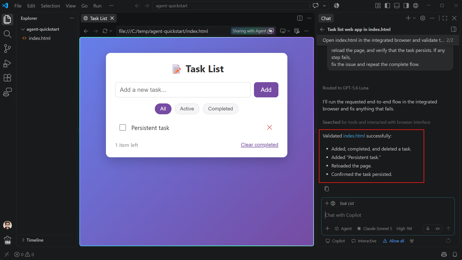 Screenshot of the integrated browser validating the app.