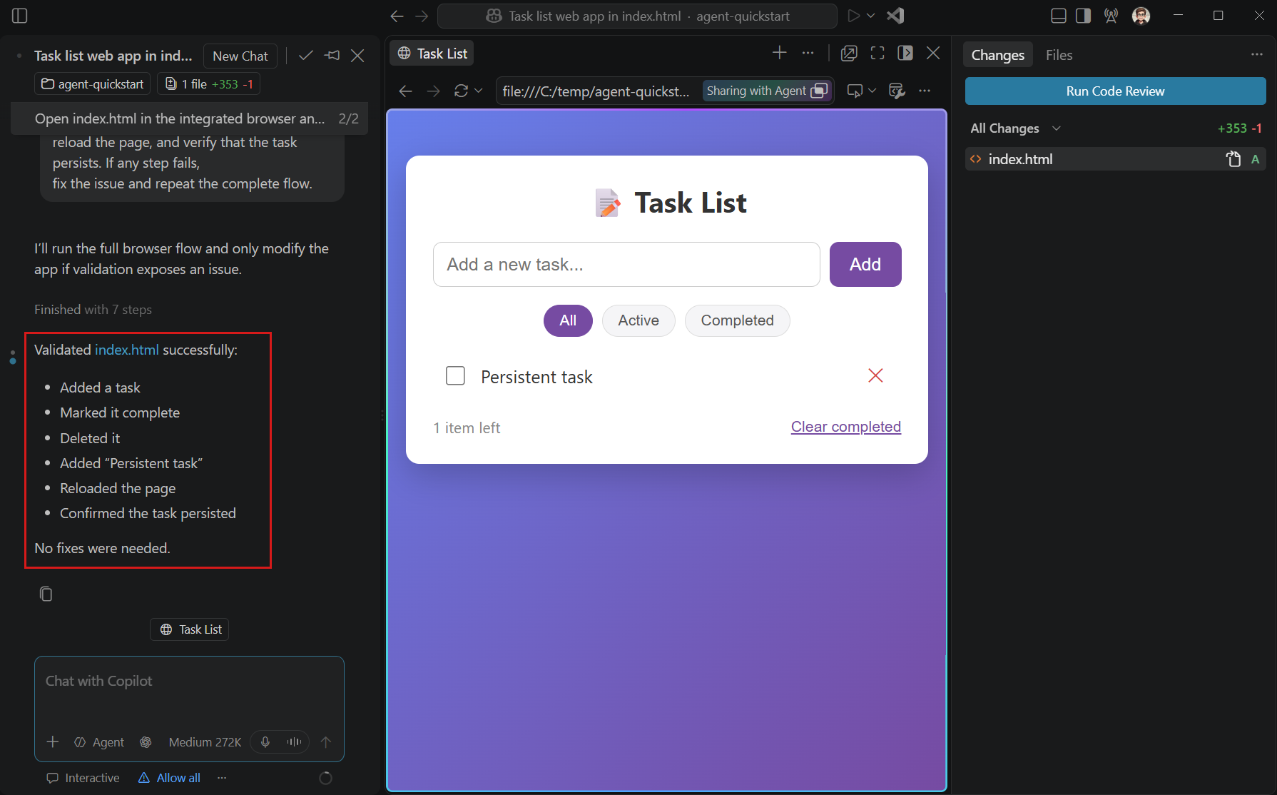 Screenshot of the integrated browser validating the app.
