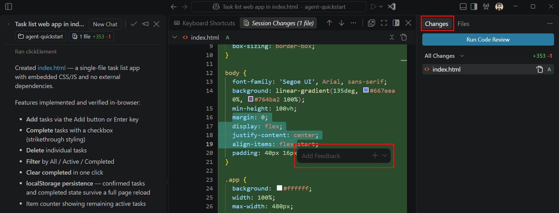 Screenshot of reviewing the generated code in the Changes panel.