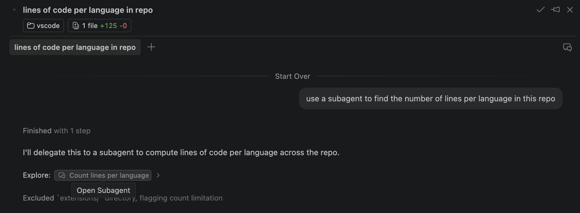 Screenshot showing the button to open a subagent's chat.
