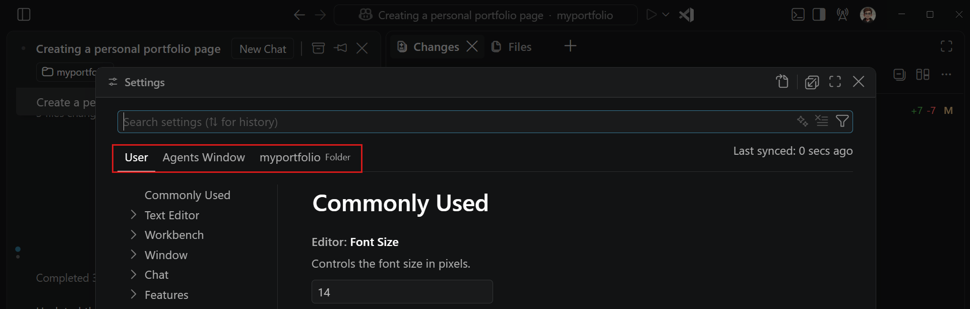 Screenshot showing the Settings editor open in the Agents window, with the different scopes for settings highlighted.