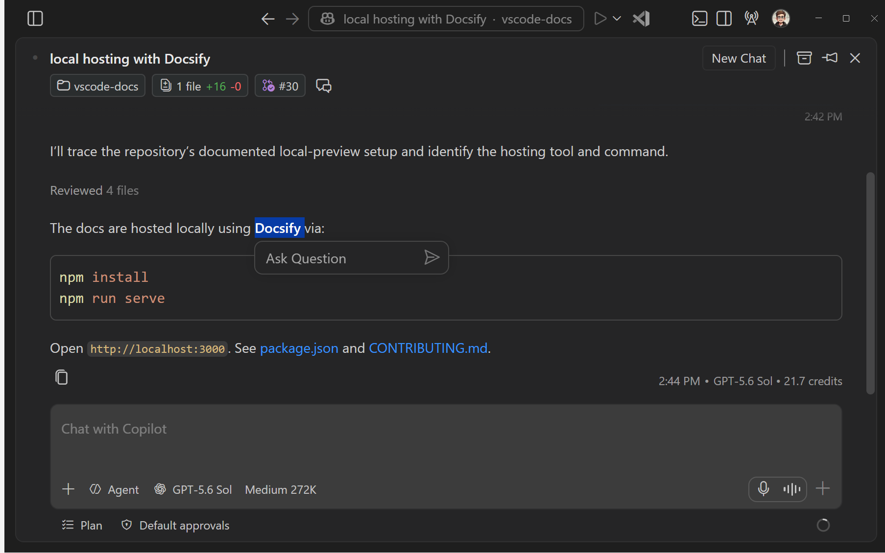 Screenshot showing how to start a side chat in the Agents window by selecting text in a response and entering a question in the Ask Question input.