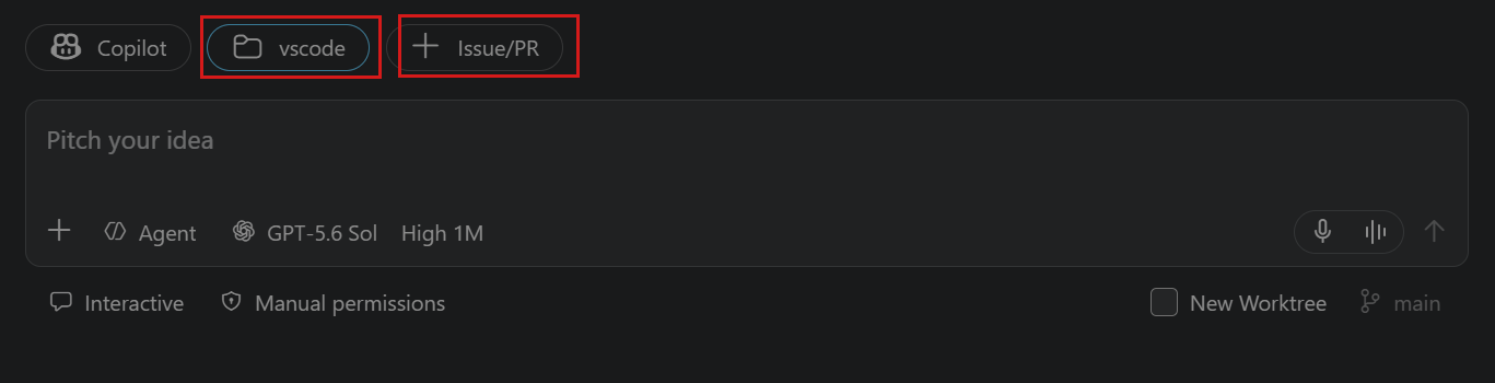 Screenshot of the new-session input highlighting the folder name and the Create PR control.