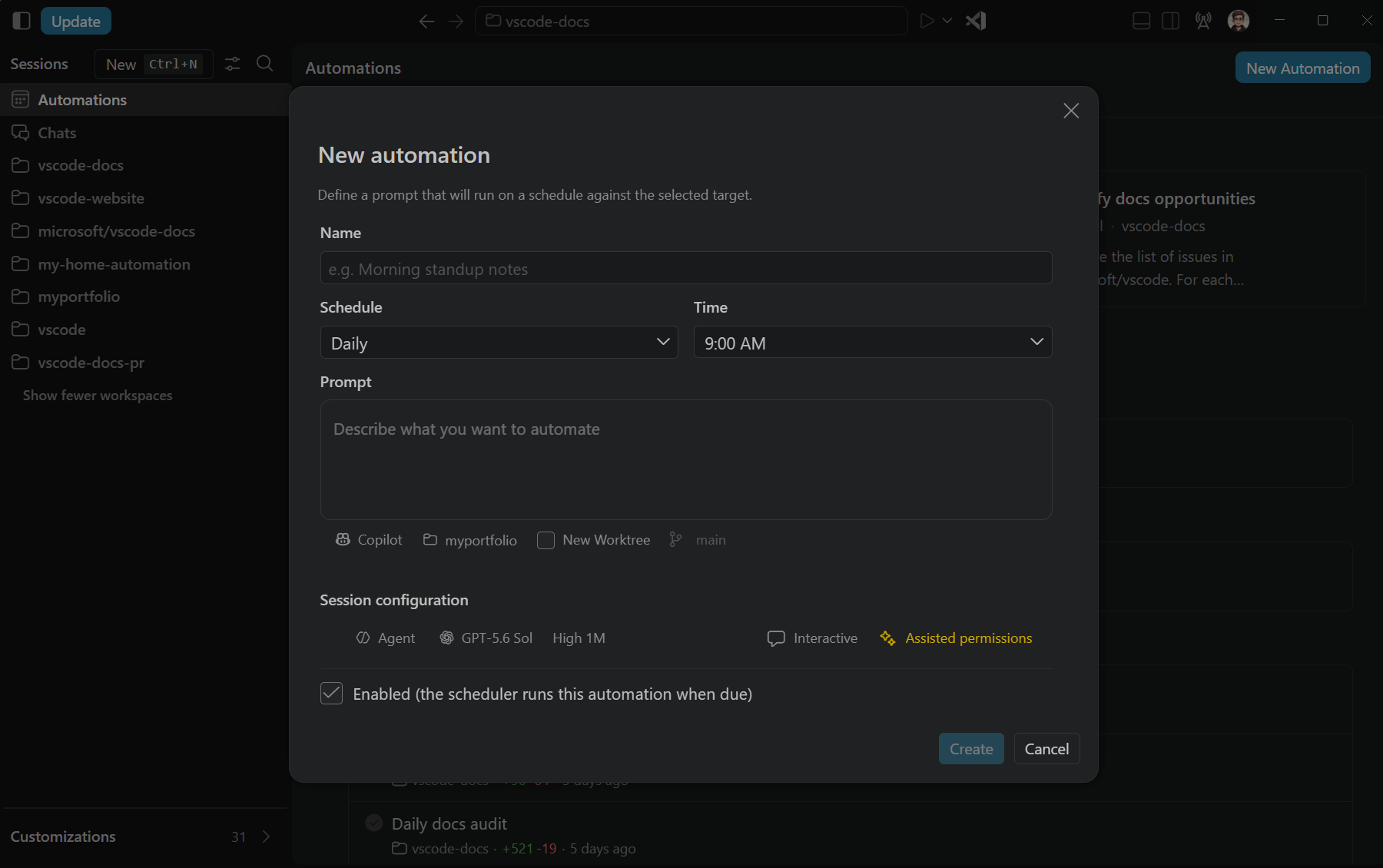 Screenshot showing the automation creation form with the prompt, workspace, session configuration, and schedule controls.