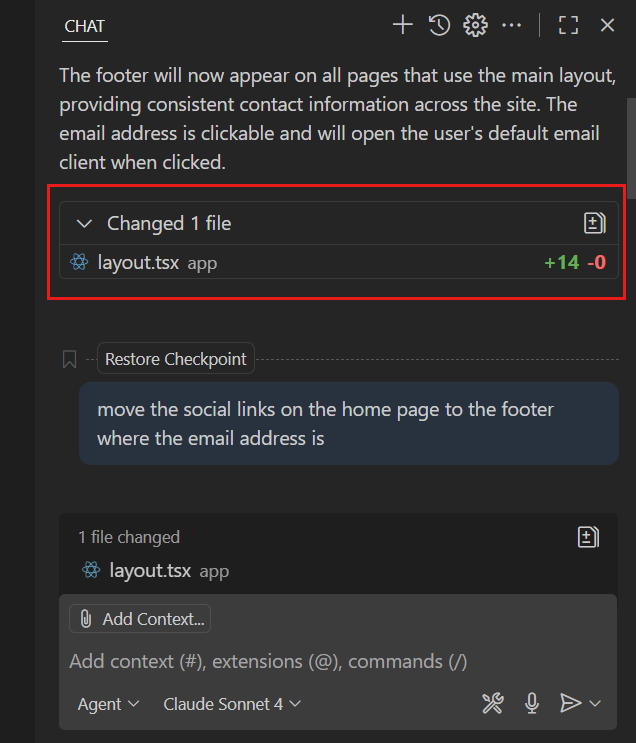 Screenshot showing file changes associated with a chat checkpoint.