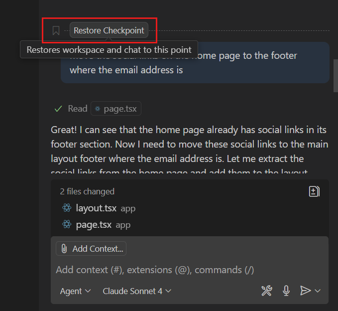 Screenshot showing the Restore Checkpoint action in the Chat view.
