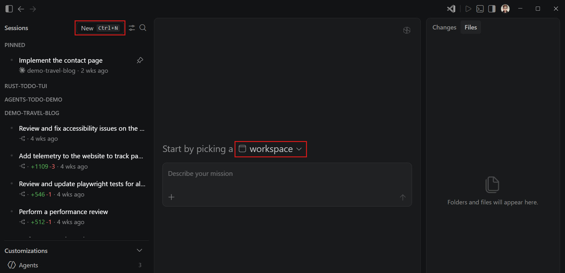 Screenshot of the Agents window showing the sessions list, workspace picker, and chat input.