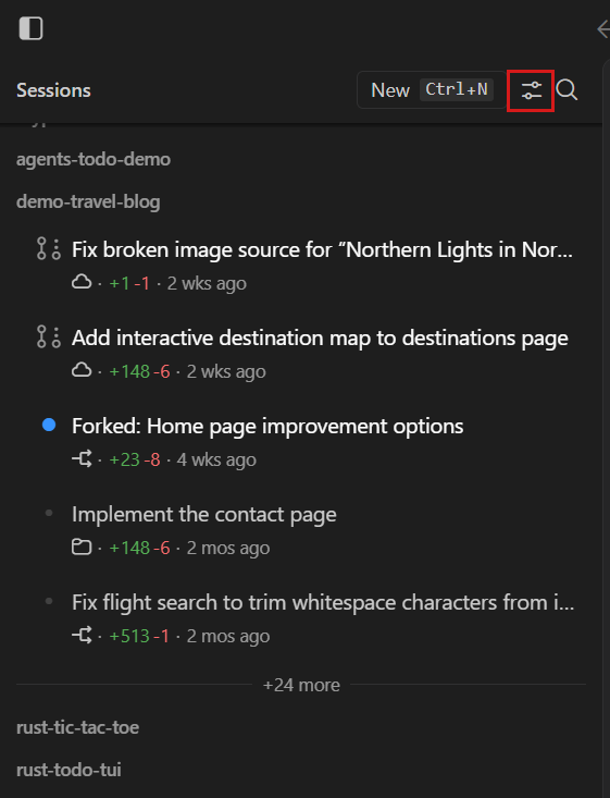 Screenshot of the sessions list in the Agents window, showing multiple sessions with different harnesses and file change stats.