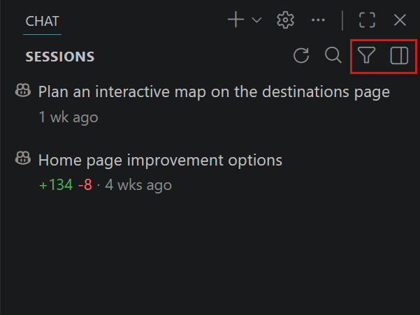 Screenshot of the sessions list showing multiple sessions with different statuses, types, and file change stats.