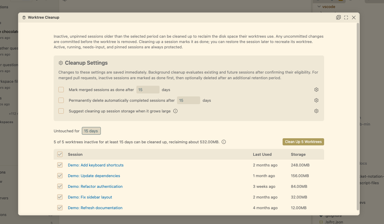 Screenshot showing the worktree cleanup editor with cleanup settings, an inactivity filter, and selected session worktrees with their storage sizes.