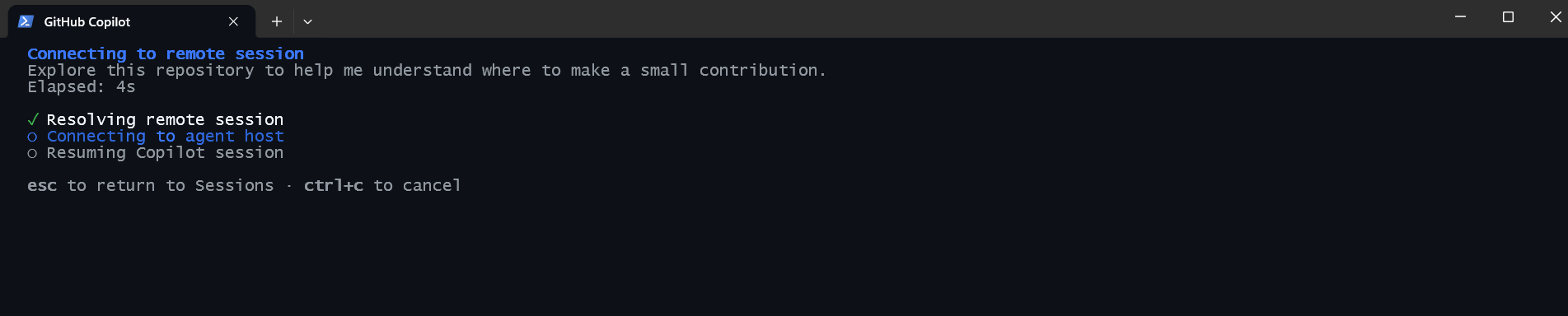 Screenshot of the Copilot CLI connecting to the cloud session.