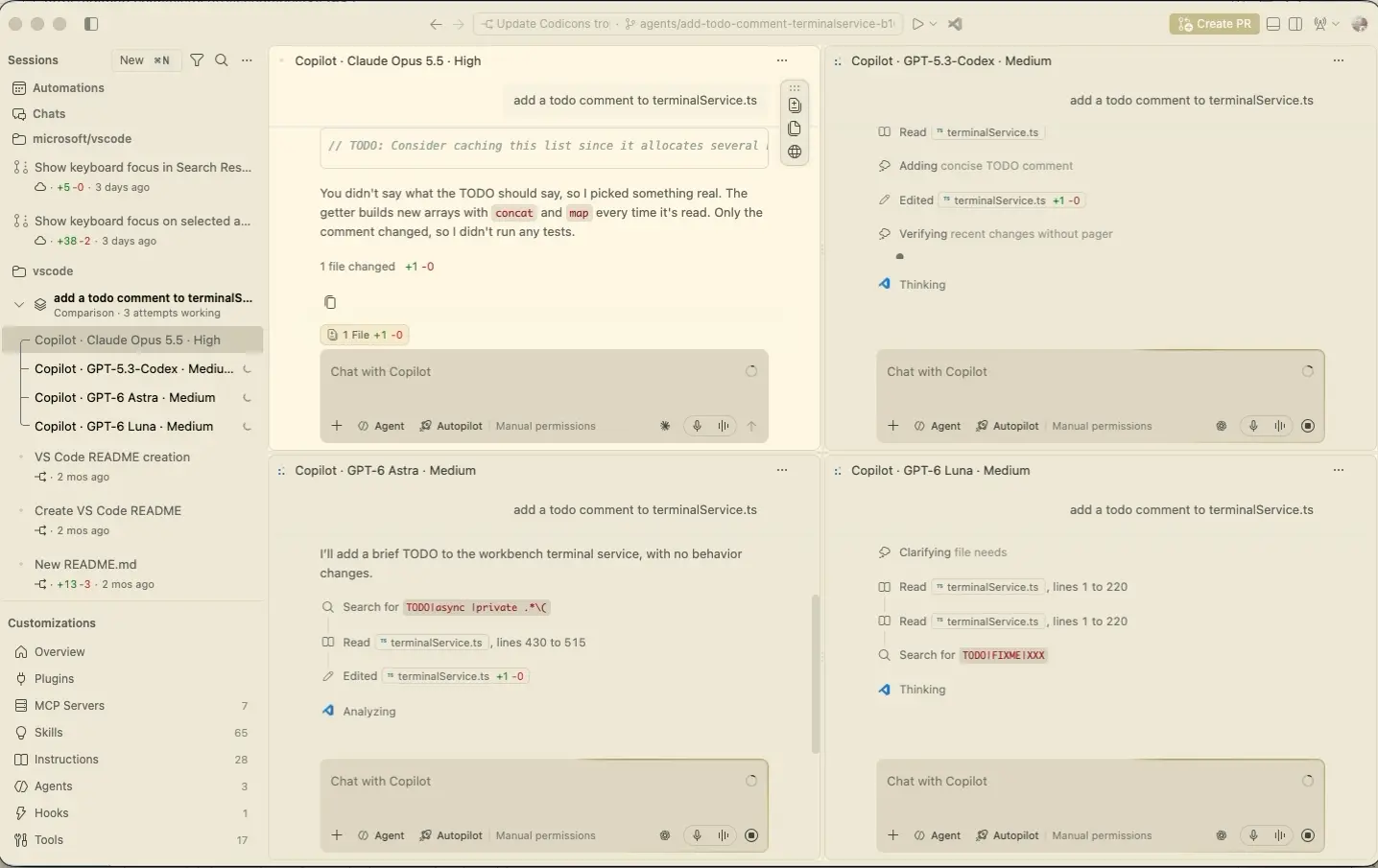Screenshot showing four model comparison attempts running side by side in a grid.