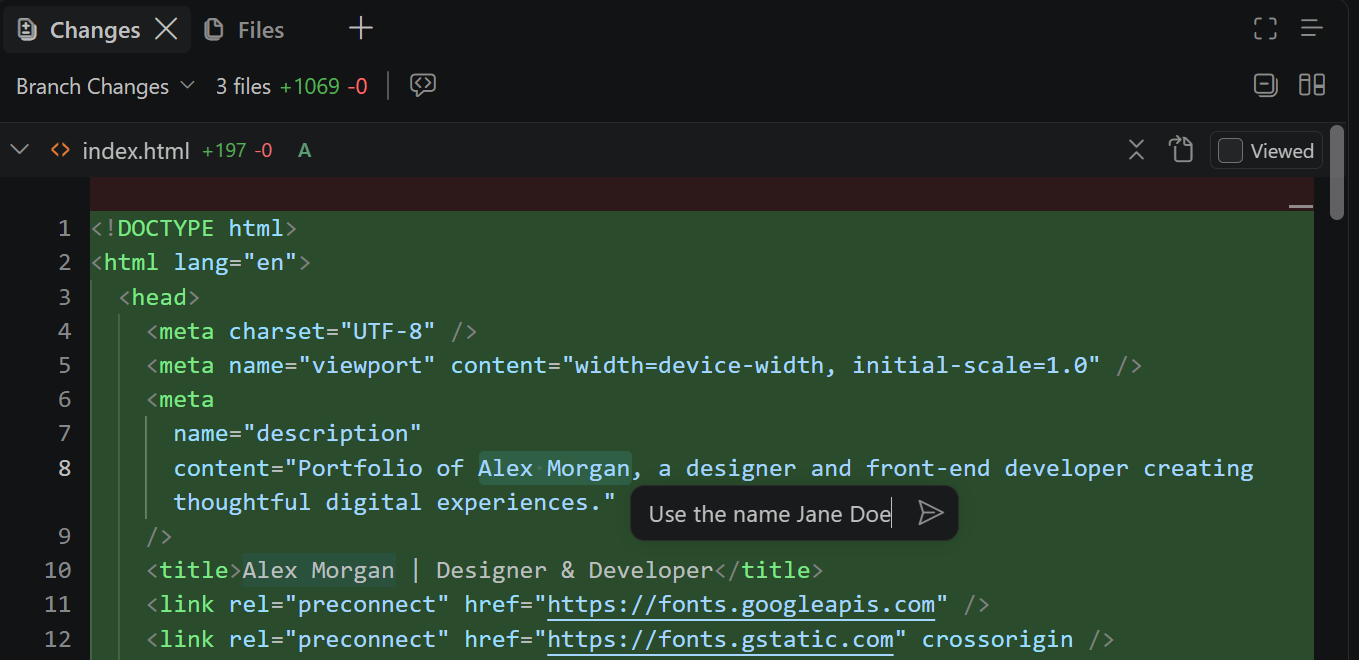 Screenshot of the inline feedback flow in the diff view, showing a block of text selected for feedback.