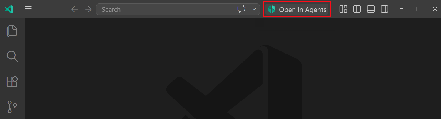 Screenshot of the Open in Agents button in the VS Code title bar.