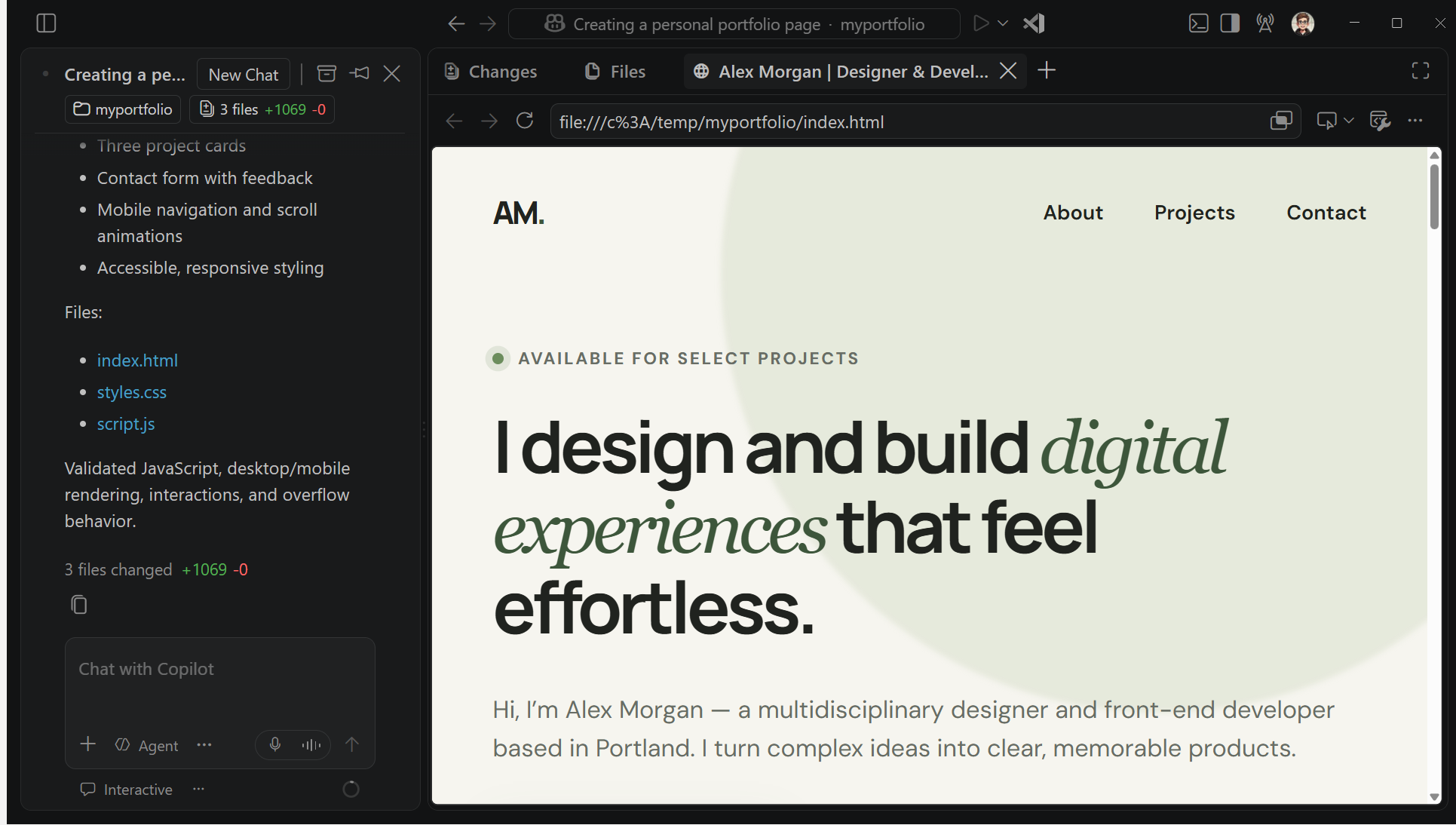 Screenshot of the portfolio page open in the integrated browser in the Agents window.