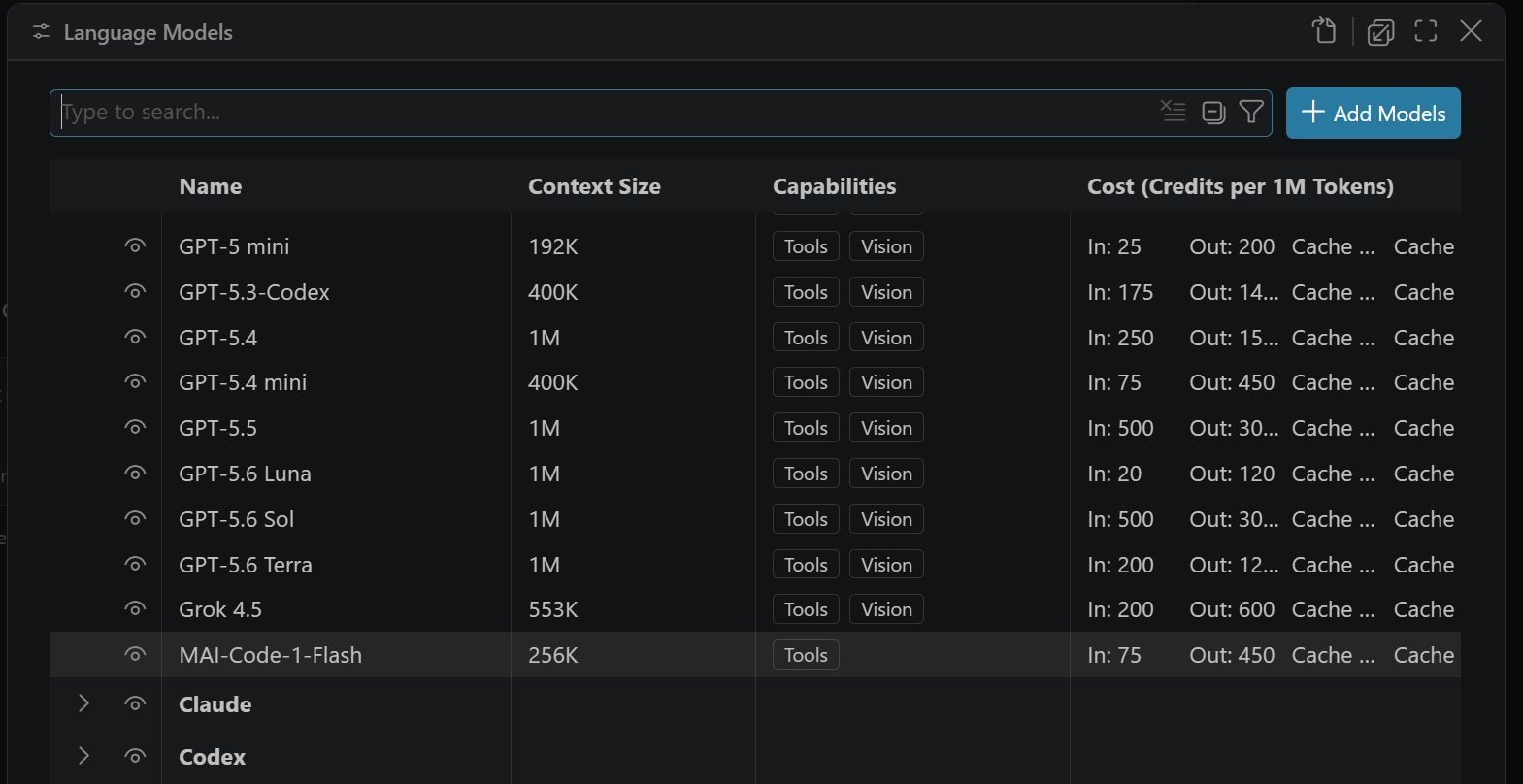 Screenshot of the Language Models editor, showing the list of available models.
