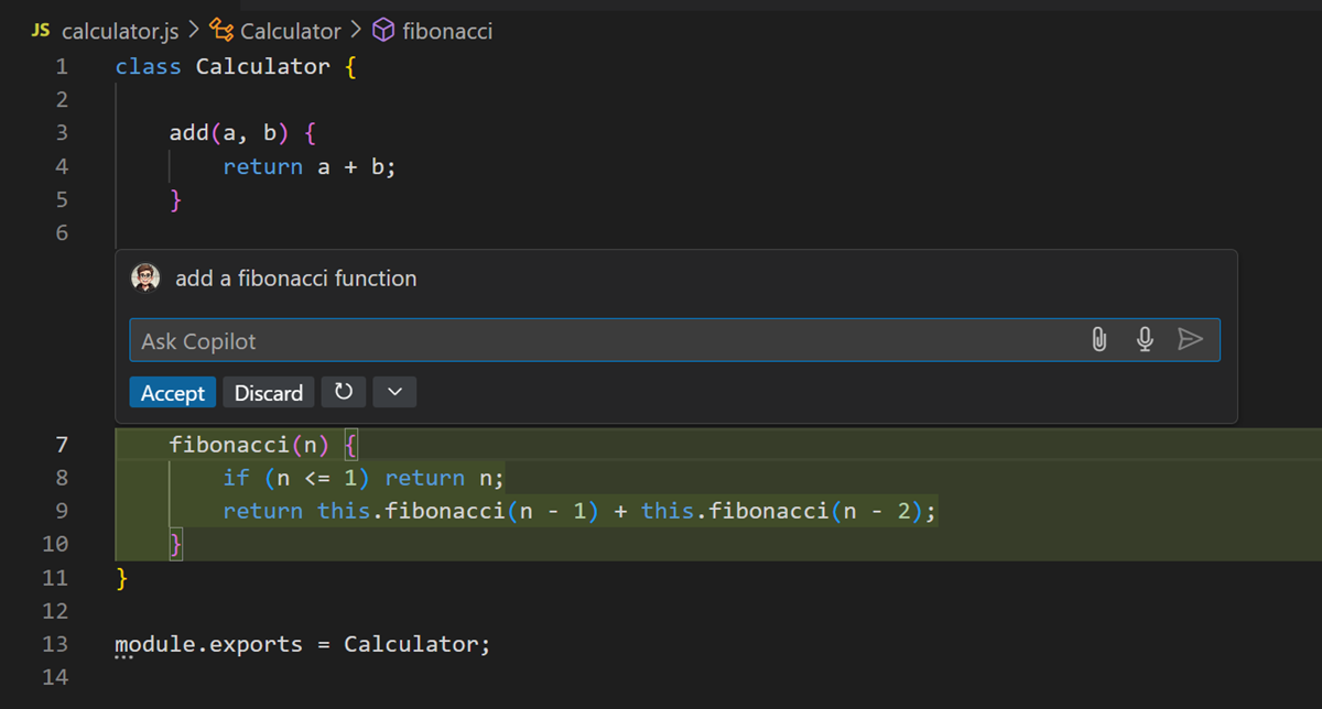 First response from AI for a function to calculate Fibonacci numbers