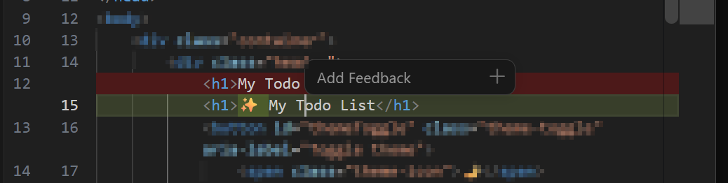 Screenshot showing the Add Feedback button in the Changes diff view.