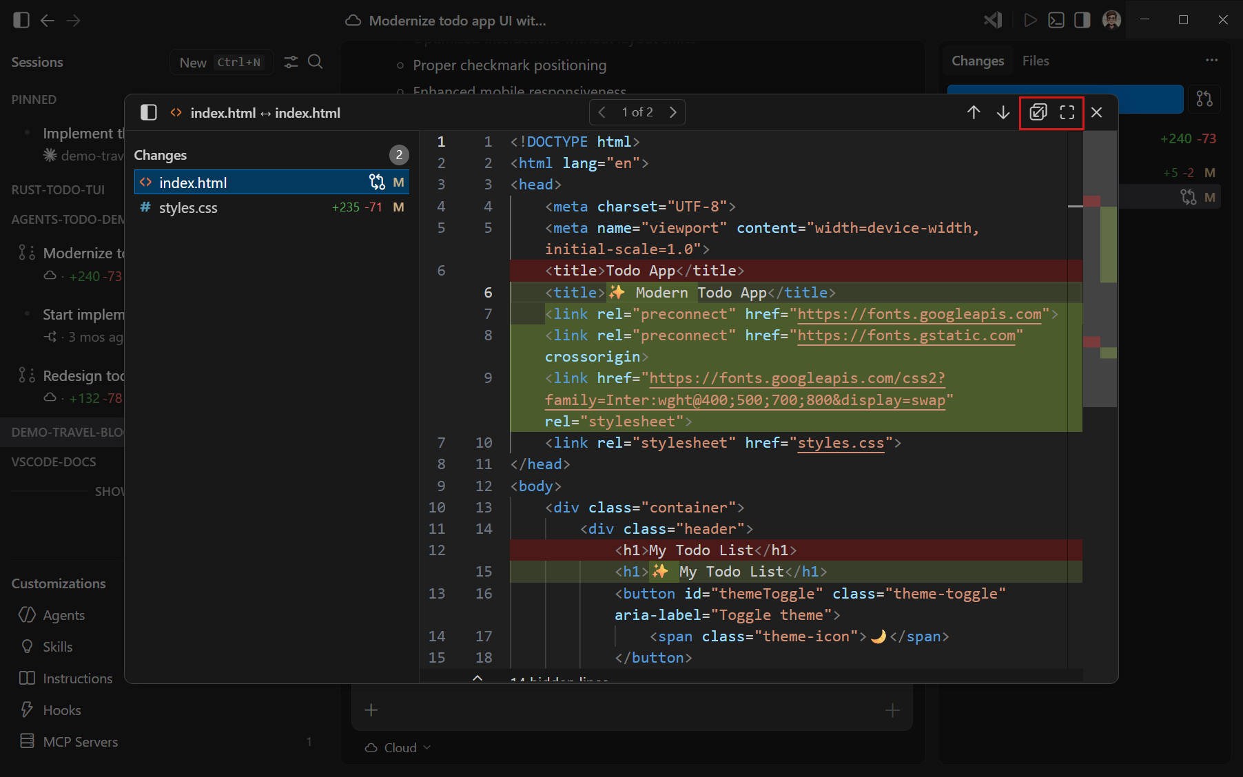Screenshot showing the Changes panel in the Agents window, highlighting the list of edited files and the diff view.