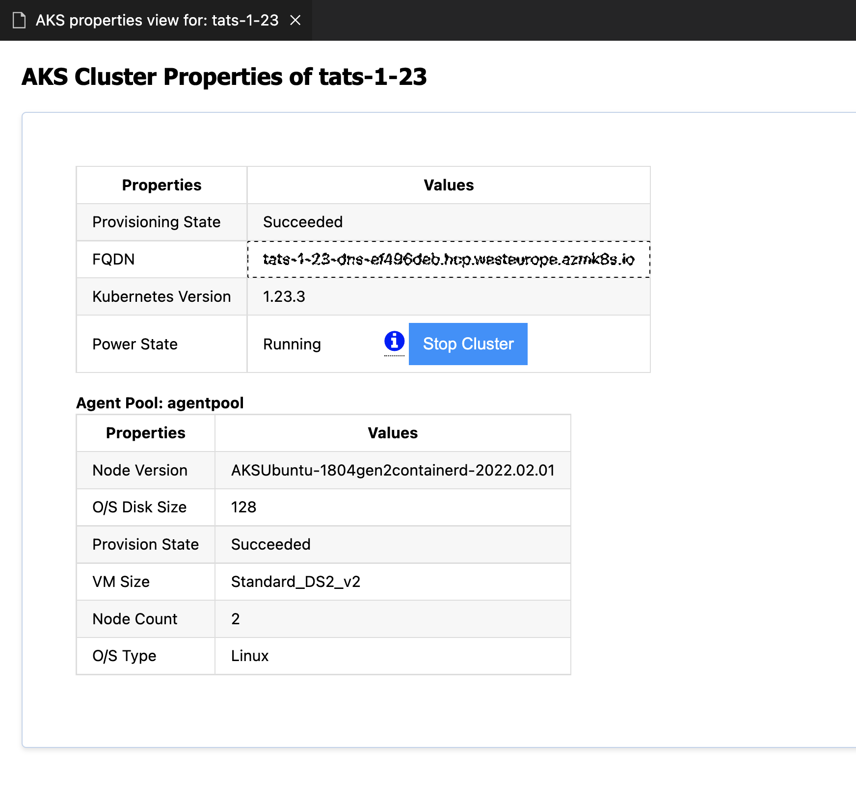 Start or Stop Cluster from properties webview