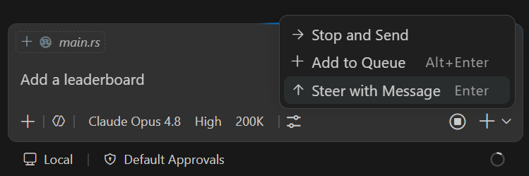 Screenshot of the Send button dropdown menu showing options to queue, steer, or stop and send a new message.