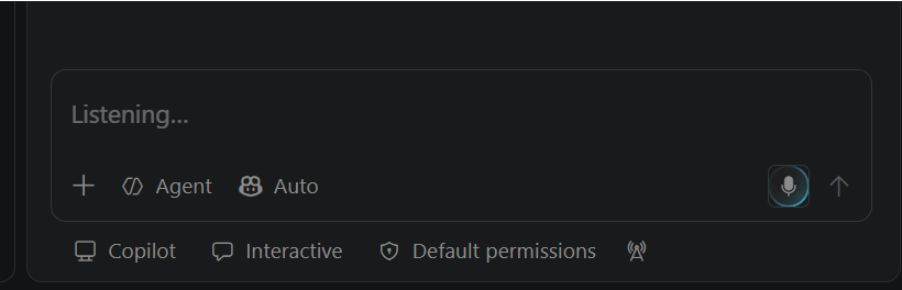 Screenshot showing active dictation listening for speech in the chat input.