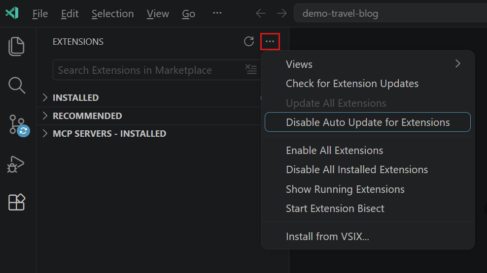 Screenshot of the Extensions context menu with the Disable Auto Update for Extensions action.