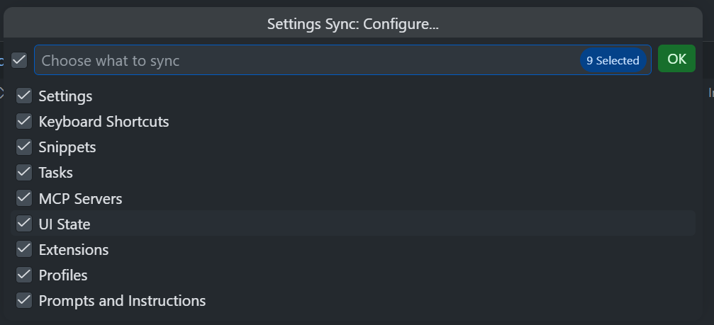 Screenshot showing the Settings Sync configuration picker with data categories selected.