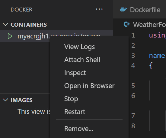 Manage images in the Containers pane