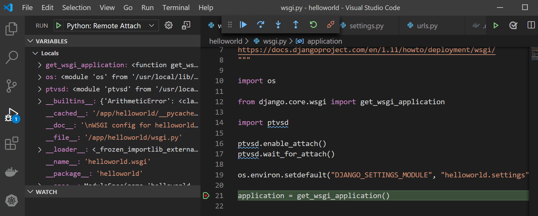 Screenshot of debugging in Python